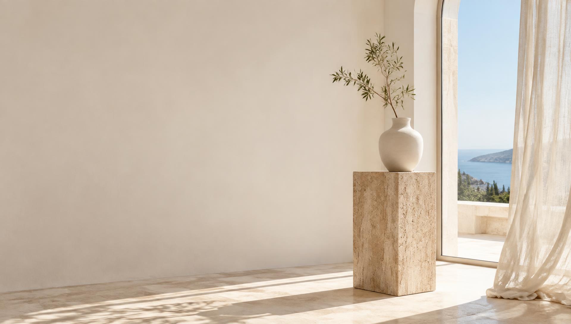 Sunlit stone, an olive branch and flowing linen in a quiet coastal atelier
